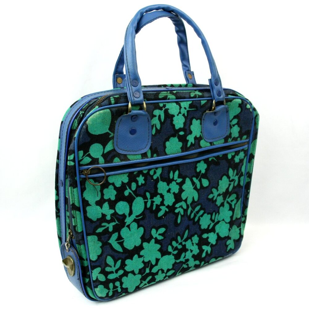Vintage Blue Floral Canvas Double Handle Small Suitcase Carry On Tote Luggage